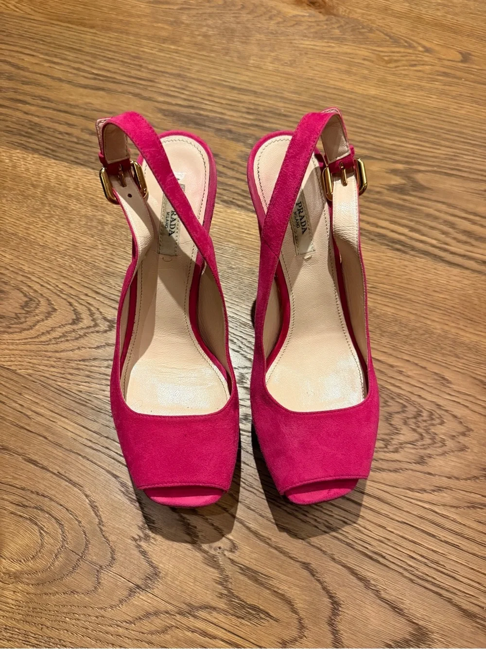 Prada Fuchsia Suede Platform Slingback Heels